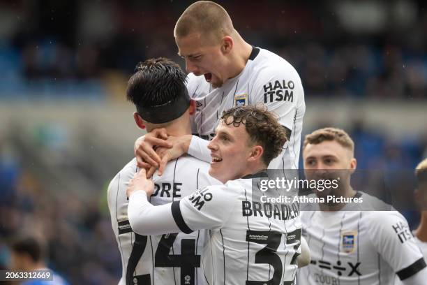 Kieffer Moore of Ipswich Town celebrates scoring against his former team during the Sky Bet Championship match between Cardiff City and Ipswich Town...