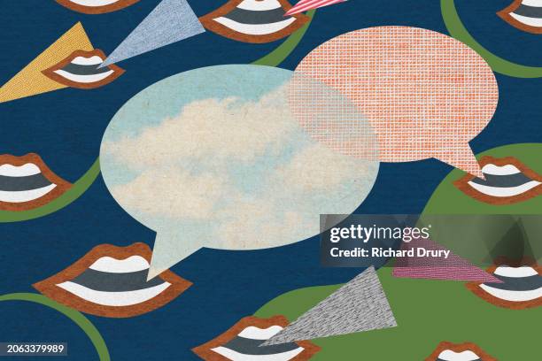 talking mouths with overlapping speech bubbles - mixed media stock pictures, royalty-free photos & images
