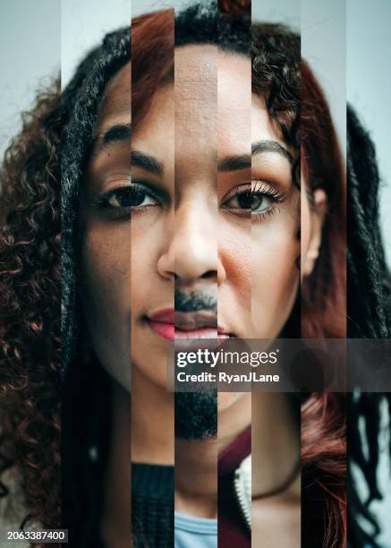 collage of faces with different skin tones - light skin black woman stockfoto's en -beelden