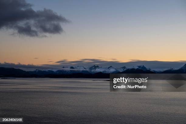 Panoramic view of the coast of Rodoya Island is being showcased in Norway on February 20, 2024. The north coast of Norway is presenting stunning...