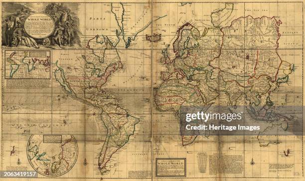 New & correct map of the whole World, 1719. Two issues, one issue shows colonial sea to sea grants in North America. Creator: Herman Moll.