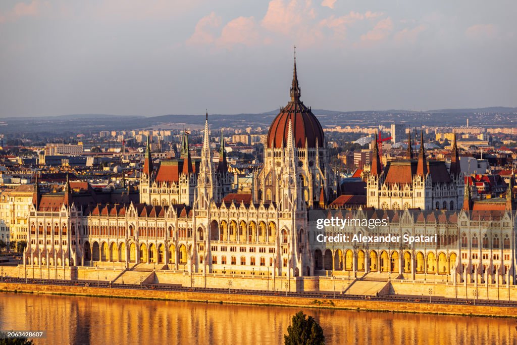 Hungarian Parliament Building and Danube River at sunset, aerial view, Budapest, Hungary