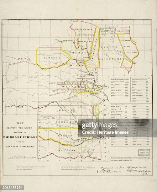 Map showing the lands assigned to emigrant Indians west of Arkansas and Missouri, 1836. Following passage of the Indian Removal Act in 1830,...