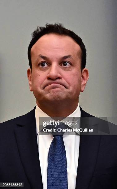 Taoiseach Leo Varadkar speaks to the media inside Dublin castle following the referendum on March 9, 2024 in Dublin, Ireland. Counting has been under...