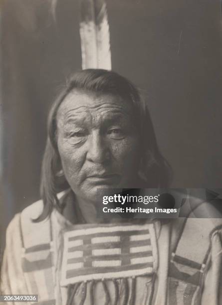 Bull Snake, 1908. Photograph shows head-and-shoulders portrait of Bull Snake, wearing traditional clothing and feather in hair, seated, facing front....