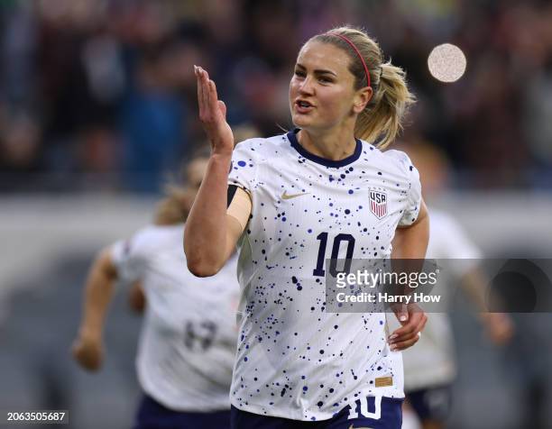 Lindsey Horan of the United States celebrates her goal from a penalty kick, to take a 1-0 lead over Columbia, during a 3-0 win in the quarterfinals...