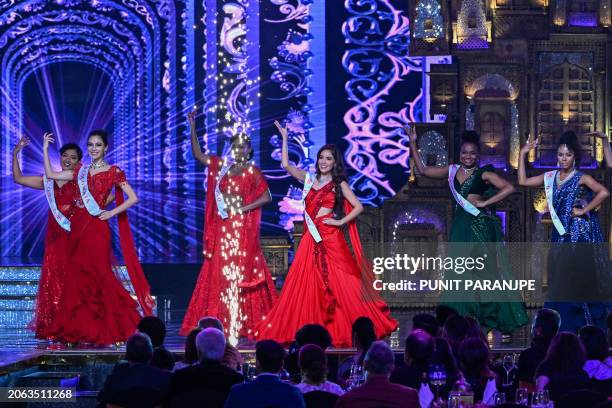 Contestants take part in the grand finale of the 71st Miss World pageant at the Jio World Convention Centre in Mumbai on March 9, 2024.