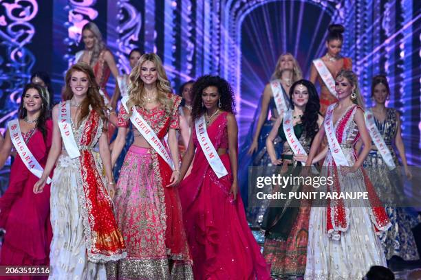 Contestants take part in the grand finale of the 71st Miss World pageant at the Jio World Convention Centre in Mumbai on March 9, 2024.