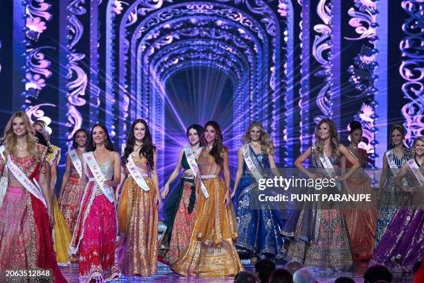 Contestants take part in the grand finale of the 71st Miss World pageant at the Jio World Convention Centre in Mumbai on March 9, 2024.