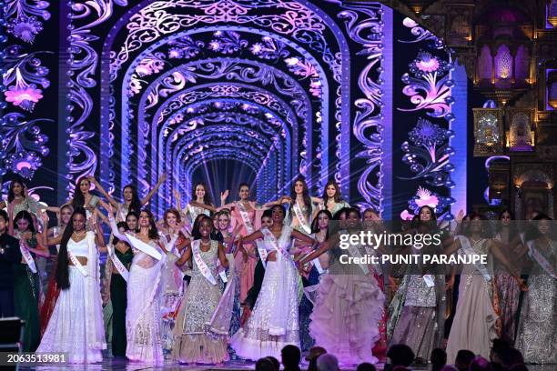 Contestants take part in the grand finale of the 71st Miss World pageant at the Jio World Convention Centre in Mumbai on March 9, 2024.