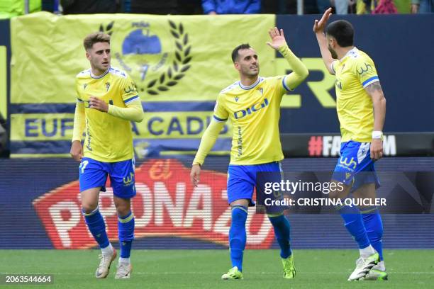 Cadiz's Spanish forward Jimenez Juanmi celebrates with teammates after scoring his team's first goal during the Spanish league football match between...