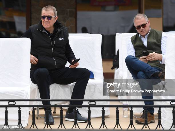 Richard Thompson and Richard Gould of the ECB look on during the England Net Session at Himachal Pradesh Cricket Association Stadium on March 06,...