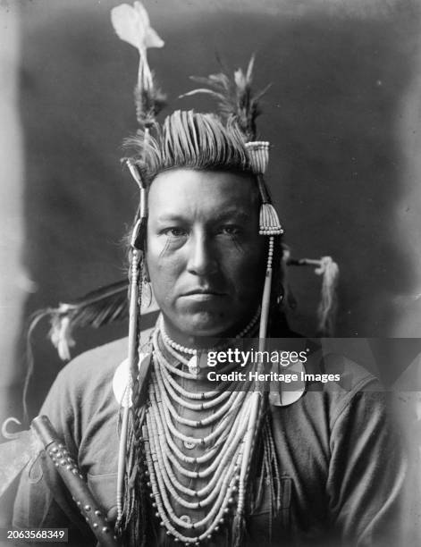 Swallow Bird, Crow Indian, Montana, head-and-shoulders portrait, facing front, painted pompadour, Apsaroke headdress, flannel shirt, beads on chest,...