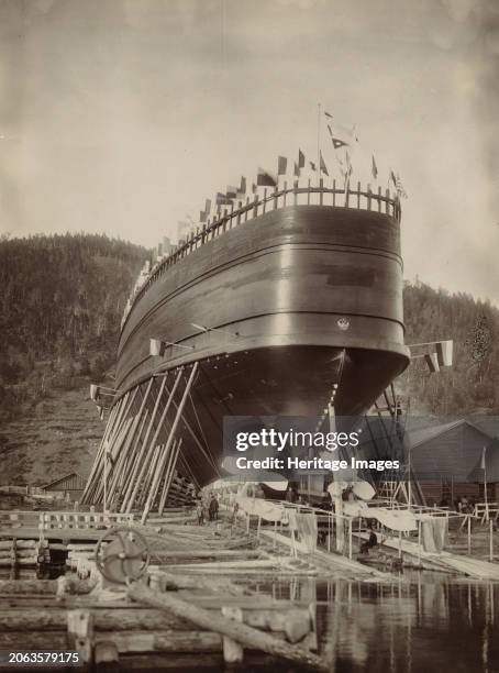 Ice-Breaking Ferry "Baikal", 1899. This album of six photographs depicts the launch of the icebreaking ferry Baikal at the village of Listvenichnoye...