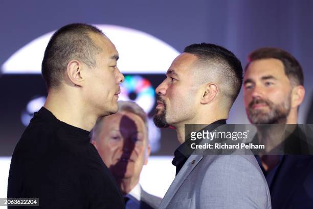 Zhilei Zhang and Joseph Parker face-off at the press conference ahead of their 'Knockout Chaos' heavyweight fight at Boulevard World on March 06,...