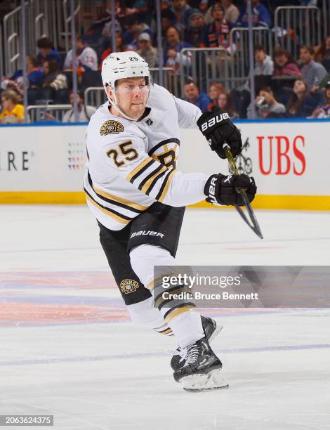 Brandon Carlo of the Boston Bruins skates against the New York Islanders at UBS Arena on March 02, 2024 in Elmont, New York.