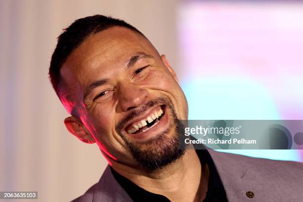 Joseph Parker reacts at the press conference ahead of his 'Knockout Chaos' heavyweight fight against Zhilei Zhang at Boulevard World on March 06,...