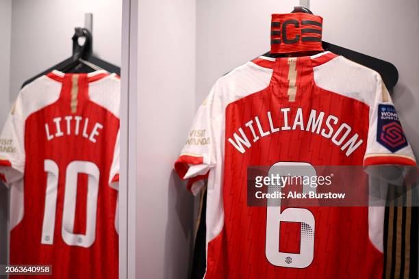 The shirt of Leah Williamson is displayed alongside the captain's armband inside the Arsenal dressing room prior to the FA Women's Continental Tyres...