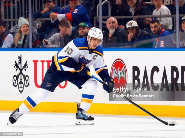 Brayden Schenn of the St. Louis Blues skates against the New York Islanders at UBS Arena on March 05, 2024 in Elmont, New York.
