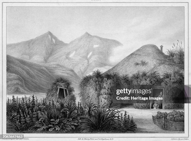 Dwelling at Unalaska, Aleutian Islands, 19th century. One of 65 lithographs that were included in the volume of maps published after the...