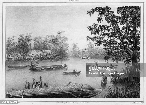 View of the Pasig River in Luzon Island, Philippine Islands, 19th century. One of 65 lithographs that were included in the volume of maps published...