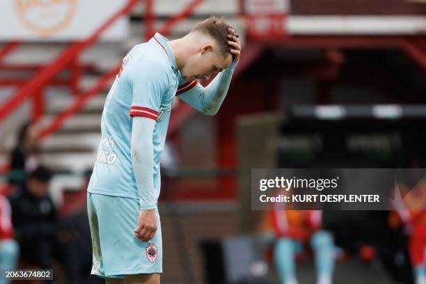 Antwerp's Jacob Ondrejka looks dejected after a goal was disallowed during a soccer match between KV Kortrijk and Royal Antwerp FC, Saturday 09 March...