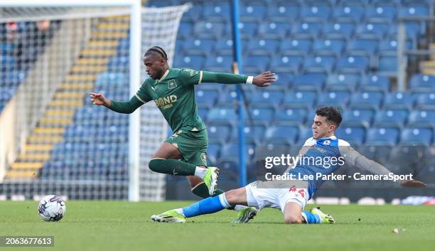 Plymouth Argyle's Bali Mumba is fouled by Blackburn Rovers' Yasin Ayari during the Sky Bet Championship match between Blackburn Rovers and Plymouth...