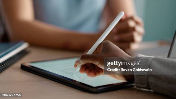 hands, tablet and online signature for contract meeting with agreement for employment for document, form or collaboration. businesspeople, internet and partnership in london with digital paperwork - preencher um formulário imagens e fotografias de stock