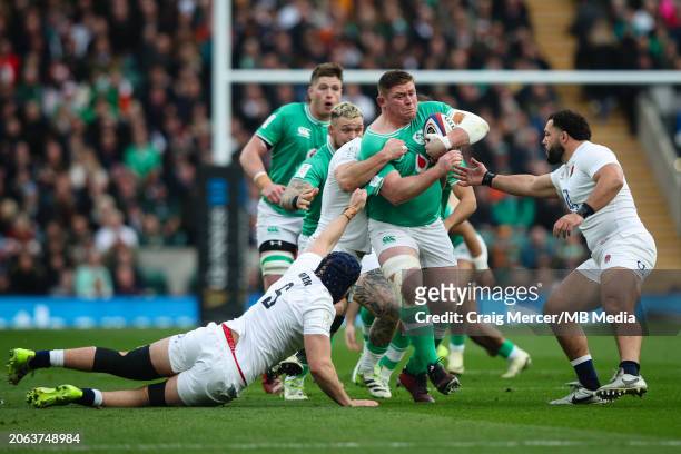 Tadhg Furlong of Ireland makes a break during the Guinness Six Nations 2024 match between England and Ireland at Twickenham Stadium on March 9, 2024...