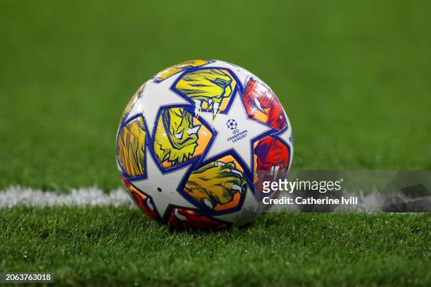 Detailed view of the official UEFA Champions League match ball, the Adidas Finale London, is seen on the pitch prior to the UEFA Champions League...