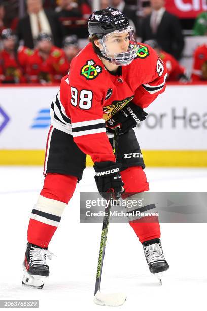 Connor Bedard of the Chicago Blackhawks skates against the Pittsburgh Penguins during the second period at the United Center on February 15, 2024 in...