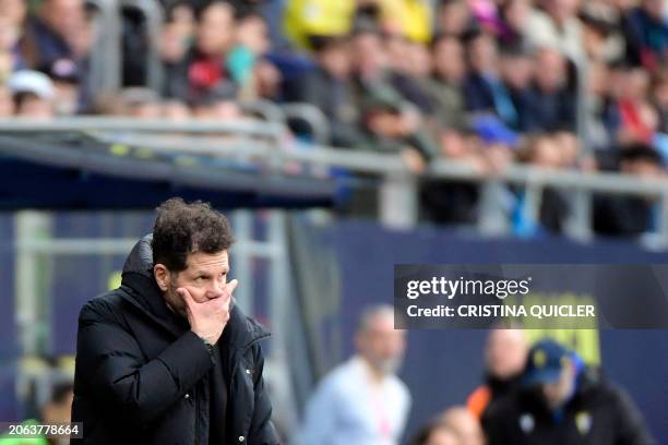 Atletico Madrid's Argentinian coach Diego Simeone reacts during the Spanish league football match between Cadiz CF and Club Atletico Madrid at the...