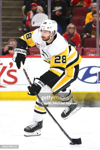 Marcus Pettersson of the Pittsburgh Penguins passes the puck against the Chicago Blackhawks during the second period at the United Center on February...