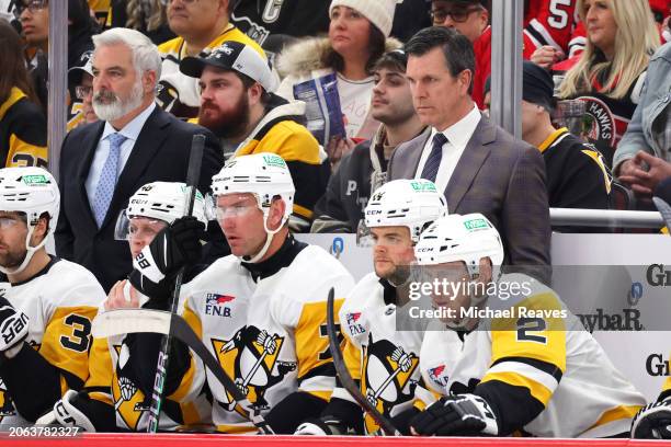 Head coach Mike Sullivan of the Pittsburgh Penguins looks on against the Chicago Blackhawks during the second period at the United Center on February...