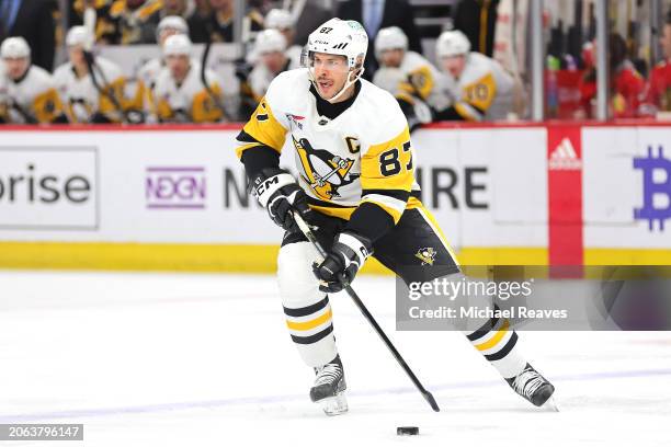 Sidney Crosby of the Pittsburgh Penguins skates with the puck against the Chicago Blackhawks during the first period at the United Center on February...