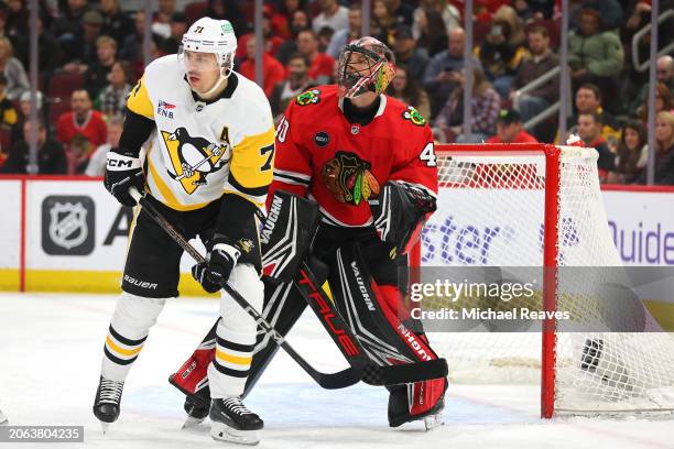 Evgeni Malkin of the Pittsburgh Penguins looks on against the Chicago Blackhawks during the first period at the United Center on February 15, 2024 in...