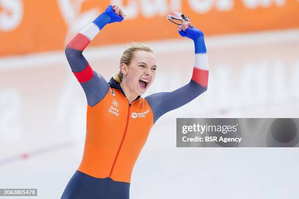 Joy Beune of The Netherlands competing on the Women's 3000m during the ISU World Speed Skating Allround Championships at Max Aicher Arena on March 9,...