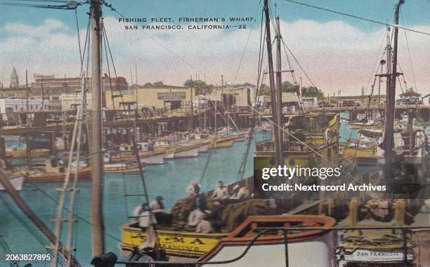 Colorized vintage souvenir photo postcard published circa 1942 from the series titled 'Greetings from California', depicting the San Francisco...