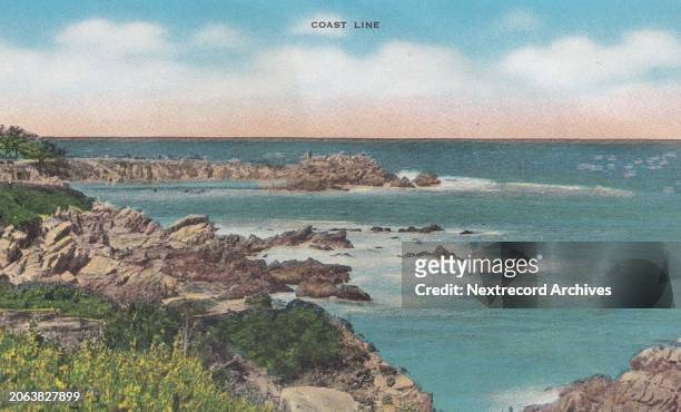 Colorized vintage souvenir photo postcard published circa 1942 from the series titled 'Greetings from California', depicting a view of the rocky...