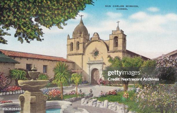 Colorized vintage souvenir photo postcard published circa 1942 from the series titled 'Greetings from California', depicting the historical Carmel,...