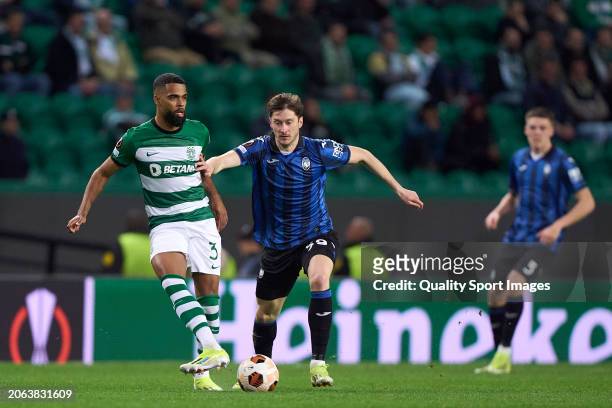 Aleksey Miranchuk of Atalanta competes for the ball with Jeremiah St. Juste of Sporting CP during the UEFA Europa League 2023/24 round of 16 first...