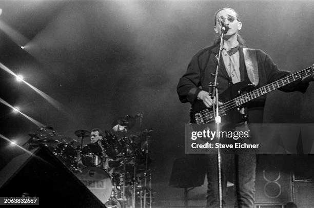 Canadian Rock musician Geddy Lee, of the group Rush, plays bass guitar as he performs onstage at Nassau Coliseum , Uniondale, New York, April 22,...