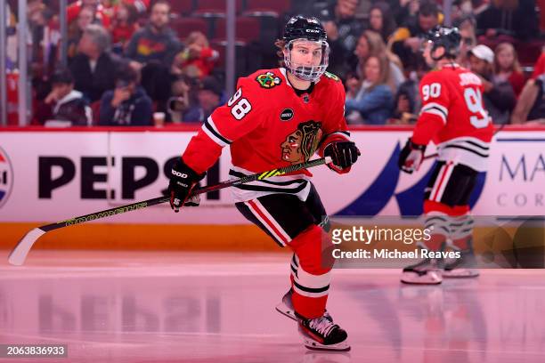 Connor Bedard of the Chicago Blackhawks takes the ice prior to the game against the Pittsburgh Penguins at the United Center on February 15, 2024 in...