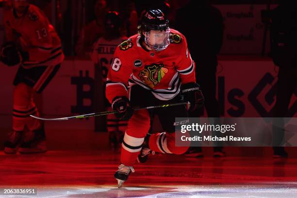 Connor Bedard of the Chicago Blackhawks takes the ice prior to the game against the Pittsburgh Penguins at the United Center on February 15, 2024 in...