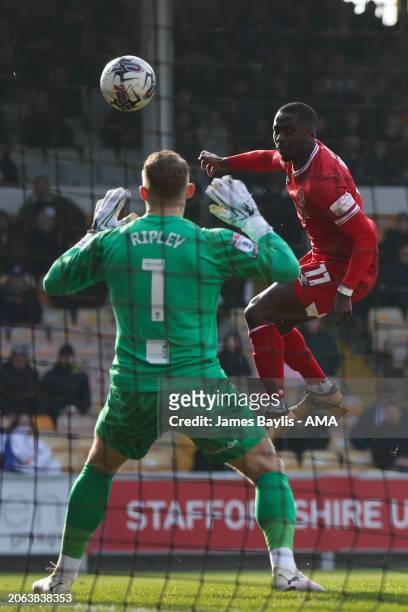 Dan Udoh of Shrewsbury Town scores a goal to make it 0-1 during the Sky Bet League One match between Port Vale and Shrewsbury Town at Vale Park on...