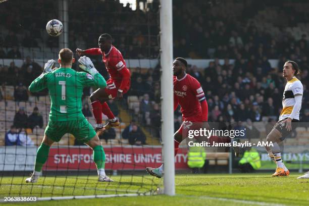 Dan Udoh of Shrewsbury Town scores a goal to make it 0-1 during the Sky Bet League One match between Port Vale and Shrewsbury Town at Vale Park on...