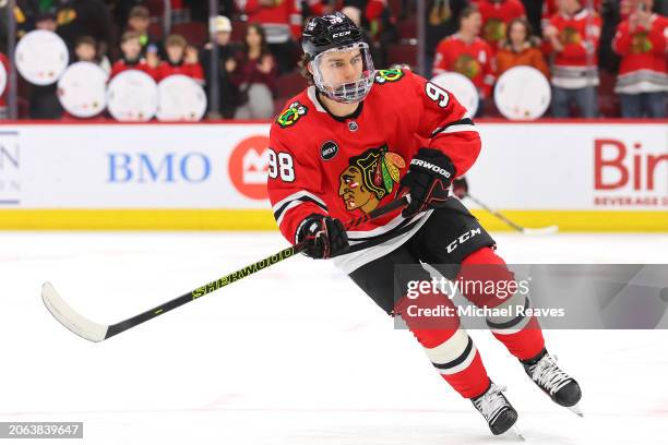 Connor Bedard of the Chicago Blackhawks warms up prior to the game against the Pittsburgh Penguins at the United Center on February 15, 2024 in...