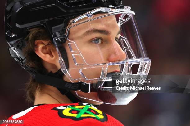 Connor Bedard of the Chicago Blackhawks warms up prior to the game against the Pittsburgh Penguins at the United Center on February 15, 2024 in...