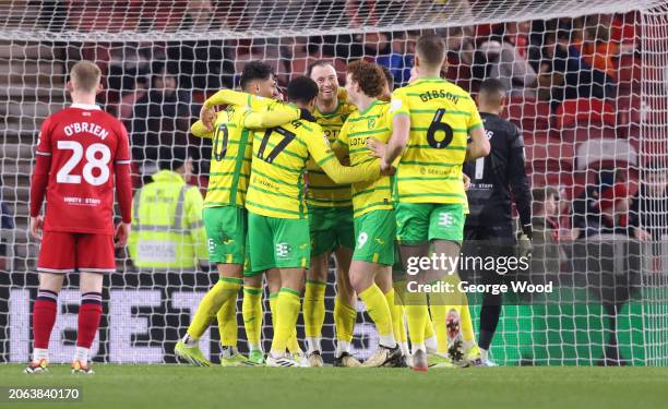 Ashley Barnes of Norwich City celebrates scoring his team's first goal with teammates during the Sky Bet Championship match between Middlesbrough and...