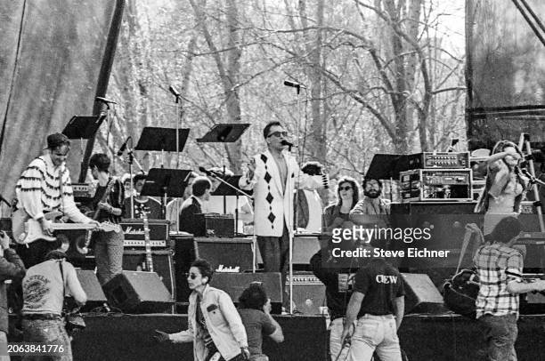 Members of the New Wave group the B-52's perform onstage during the Earth Day 1990 concert in Central Park, New York, New York, April 22, 1990....